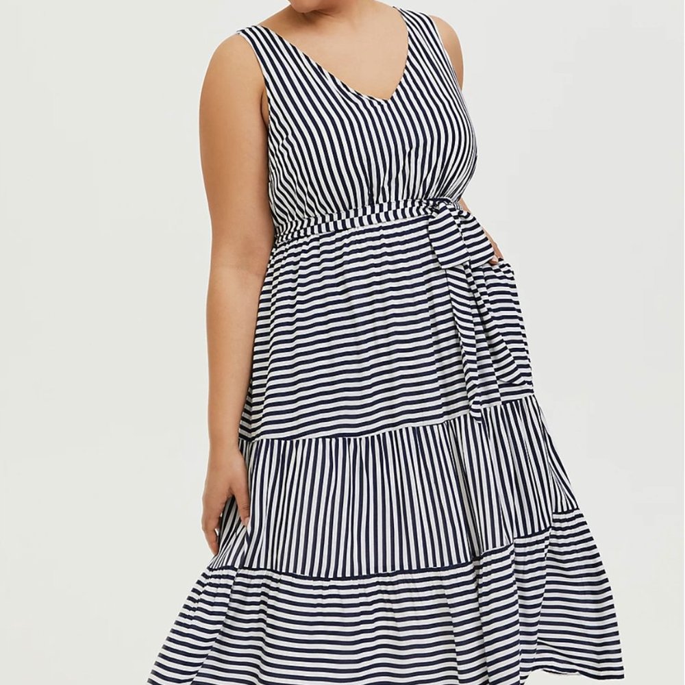 NAVY & WHITE STRIPE CHALLIS Tiered Midi Dress